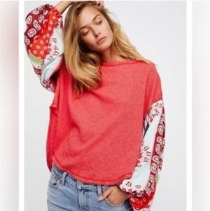 Free People We The Free Red Blossom Oversized Thermal Balloon Sleeve Top